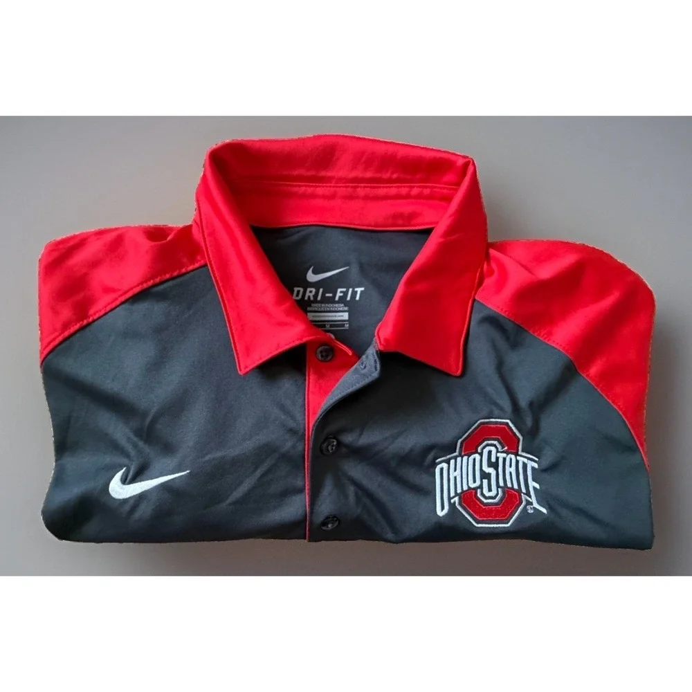 Ohio State Buckeyes Nike Dri Fit Polo Golf Shirt Red Gray NCAA Logo Medium JBHS